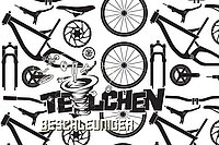 Schwarzweiss Bild mit Veloteilen, das erklärt, dass der Velo-Flohmarkt Teilchenbeschleuniger wieder stattfindet. 
