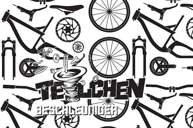 Schwarzweiss Bild mit Veloteilen, das erklärt, dass der Velo-Flohmarkt Teilchenbeschleuniger wieder stattfindet. 