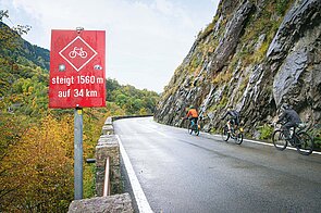 Ein rotes Hinweisschild steht an einem Strassenrand.