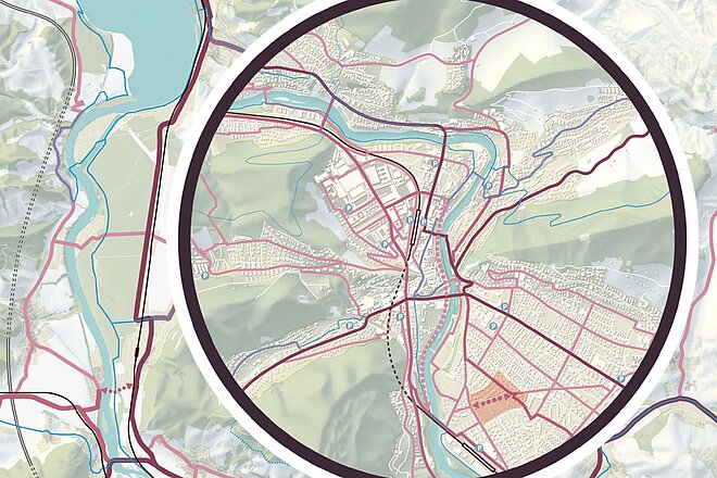 Beispiel eines Velowegnetzplans mit Haupt- und Nebenverbindungen sowie Velobahnen. Praxishilfe Velowegnetzplanung.