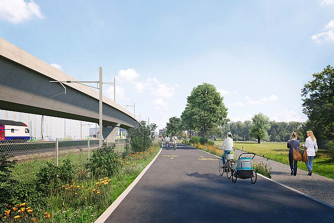 So könnte sie aussehen: Eine in Wallisellen geplante Velobahn. Verdrängen E-Bikes die normalen Fahrräder? Visualisierung einer geplanten Velobahn in Wallisellen bei Zürich.