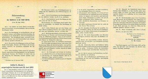 Geschichte der Velonummer in der Schweiz. Polizeiverordnung der Stadt Zürich von 1893.