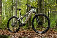 Flyer «Uproc SL:X». E-Mountainbike steht im Wald auf Laubboden.