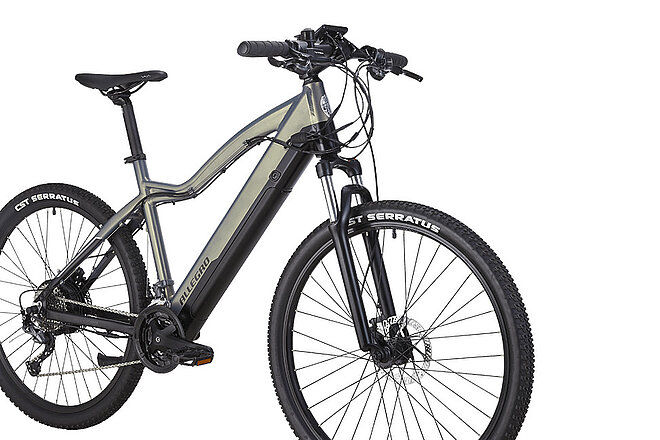 Ein E-Bike ist schräg von vorne fotografiert.