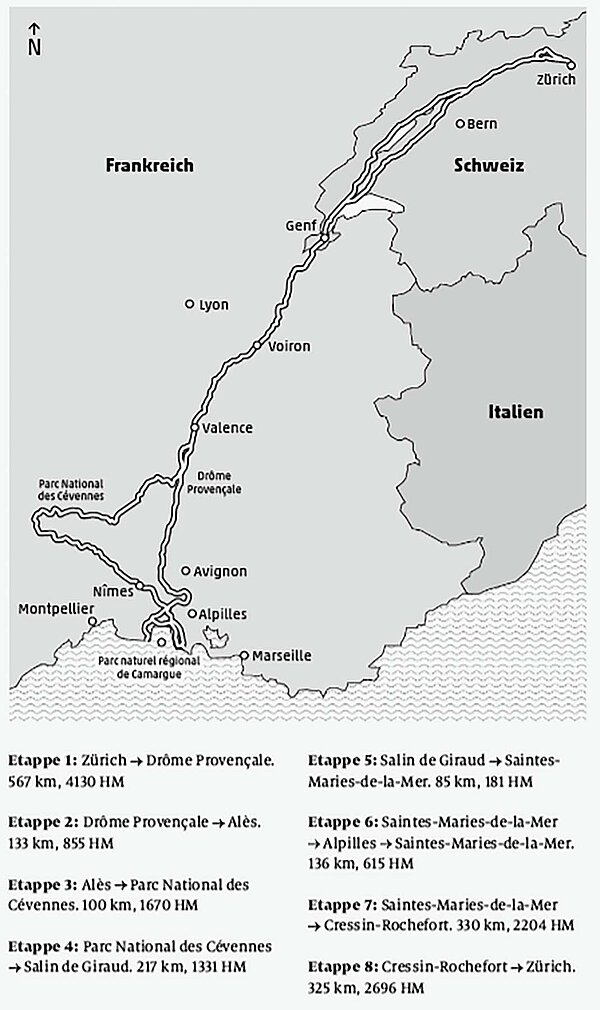 Reiseroute Tour Fahrrad Frankreich