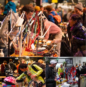 Fotos die Menschen zeigen, die am Velo-Teile Flohmarkt Teilchenbeschleuniger Fahrradteile und Velozubehör kaufen