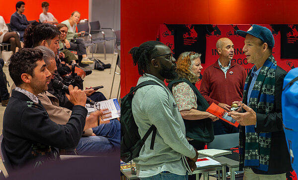Messehalle mit vielen Besuchern.