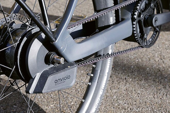 Schaltet intuitiv: Die «Automatiq» von Enviolo. Nahaufnahme einer Nabenschaltung