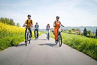 Vier Personen fahren mit E-Bikes auf einer Landstrasse.