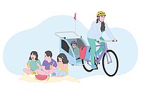 Ein Bild das eine Frau auf dem Fahrrad mit Kinderanhänger zeigt.