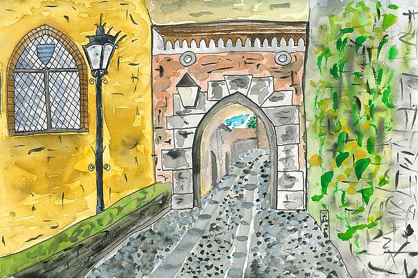 Aquarell-Bild eines alten Torbogens.