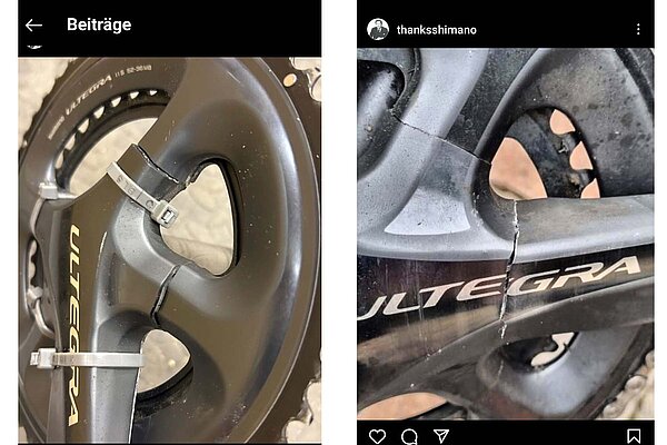 Shimano Hollowtech II Ultegra Dura-Ace Rückruf. Screenshots von Instagram.
