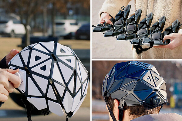 Helm aus auseinanderziehbaren geomterischen Formen in weiss und schwarz