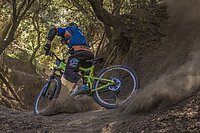 Mountainbiker mit grünen MTB und blauem Rucksack fährt auf einem Trail durch den Wald