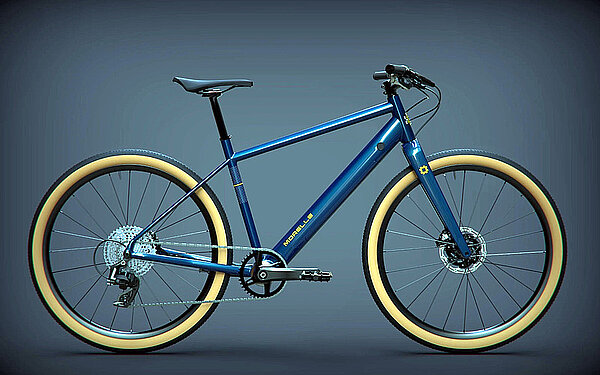 Fahrrad mit blauem Rahmen und Weisswandreifen.