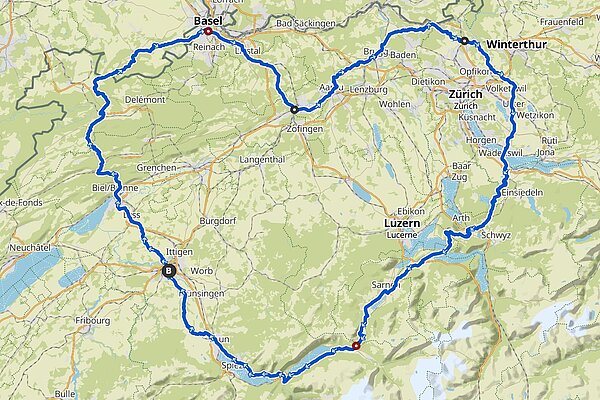 Schweizerkarte mit Herzförmiger Veloroute von Dr. Chopf alias Michael Schoch