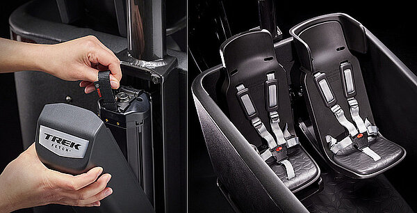 Trek Fetch Cargobikes. Akku und Vordersitze eines Lastenvelos. 