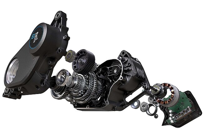 Pinion MGU Auto Shift Smart Shift Update. Explosionszeichnung eines E-Bike-Antriebs.