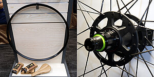 Bilder, die Felgen und Naben für Mountainbikes zeigen.