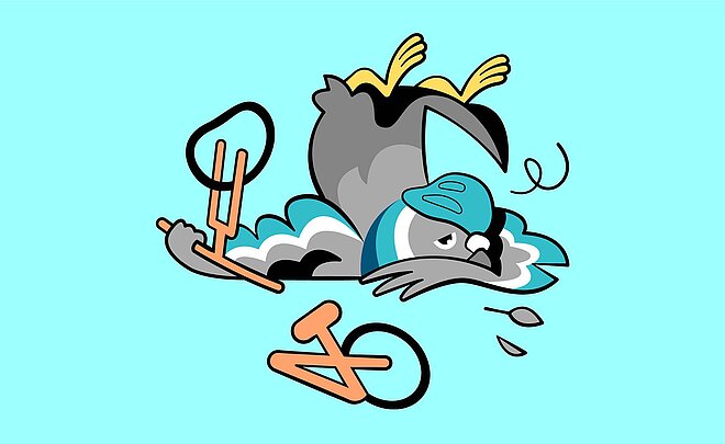 Bikeable-Taube auf türkisem Hintergrund liegt zwischen kaputtem Velo.