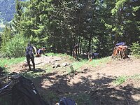 Mehrere Personen bauen an einem Biketrail.