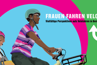Plakat mit Frau of color und Kind auf dem Gepäckträger vor grafischem Hintergrund in blau, pink und grün