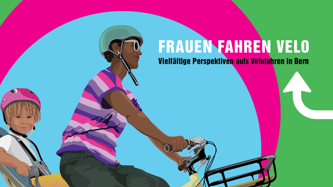 Plakat mit Frau of color und Kind auf dem Gepäckträger vor grafischem Hintergrund in blau, pink und grün