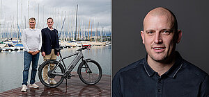 Stromer Jahresbericht 2022. Zwei Männer stehen auf einem Steg neben einem E-Bike.