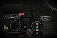 Ein schwarzes Bild mit Fahrrad und Computern.