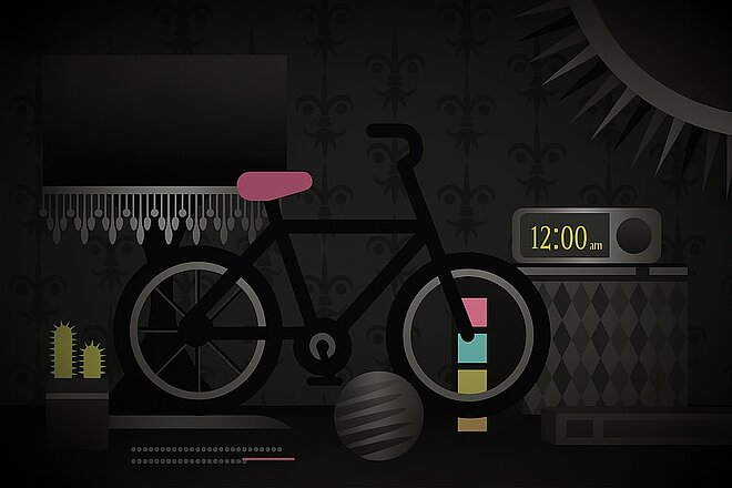 Ein schwarzes Bild mit Fahrrad und Computern.