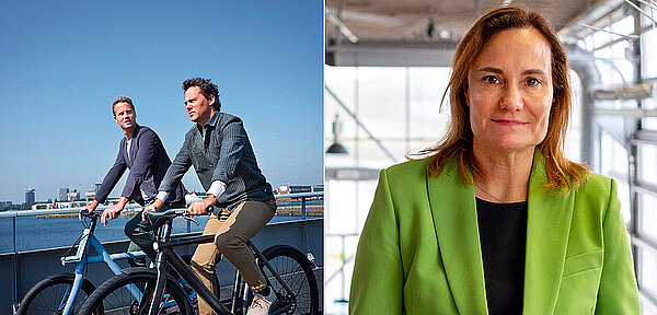 Vanmoof Insolvent. Männer auf E-Bikes von Vanmoof. 