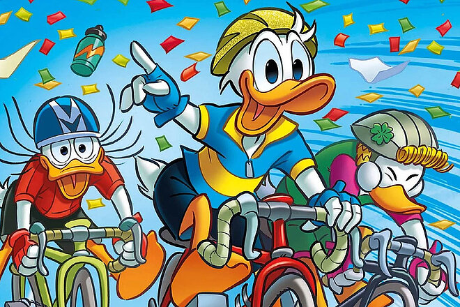 Lustiges Taschenbuch Cover Sammelband Fahrrad mit Donald Duck, Dusel Duck und Gustav Gans auf dem Velo.