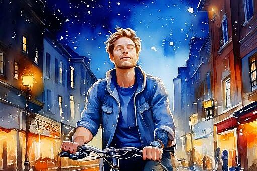 Mann fährt bei Nacht mit geschlossenen Augen auf dem velo duch eine Gasse