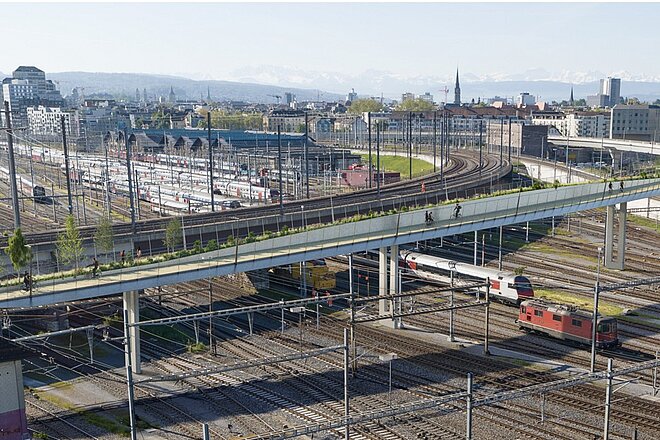 Vorschau zur geplanten Velo-Brücke über das Züricher Gleisfeld.