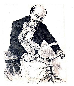 Die Geschichte des Radfahrens in der Ukraine. Lenin fährt mit einem Mädchen auf einem Fahrrad.