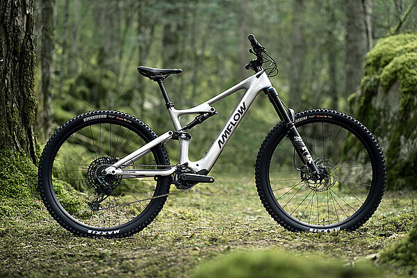 DJI Avinox E-Bike System. Ein Mountainbike steht im Wald.