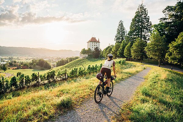 «Route 1291» - Die vielfältigste E-Bike-Tour der Schweiz. Eine Frau fährt mit dem Gravelbike auf einem Schotterweg.