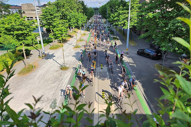 Eine Gruppe von Menschen Fährt mit Velos auf einer Strasse.