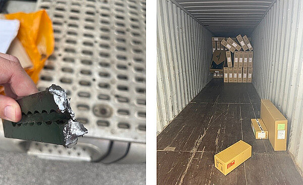 Diebe stehlen Mountainbikes von Merida aus Lastwagen. Frachcontainer, in dem nur noch ein paar Schachteln liegen.