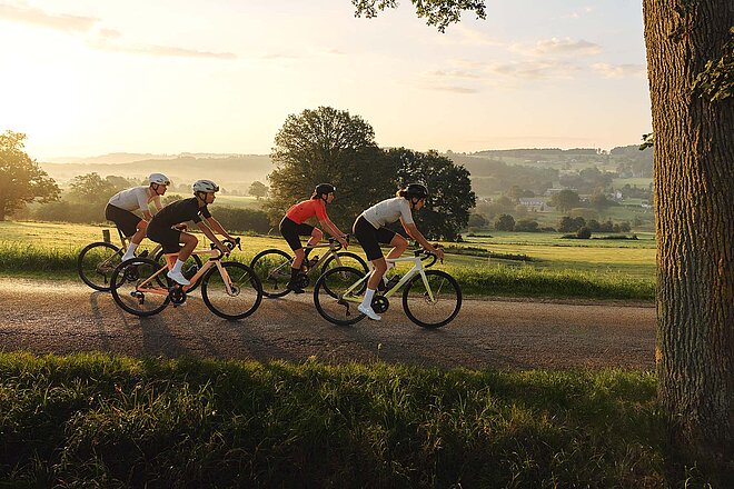 Rennradfahrerinnen im Sonnenuntergang.