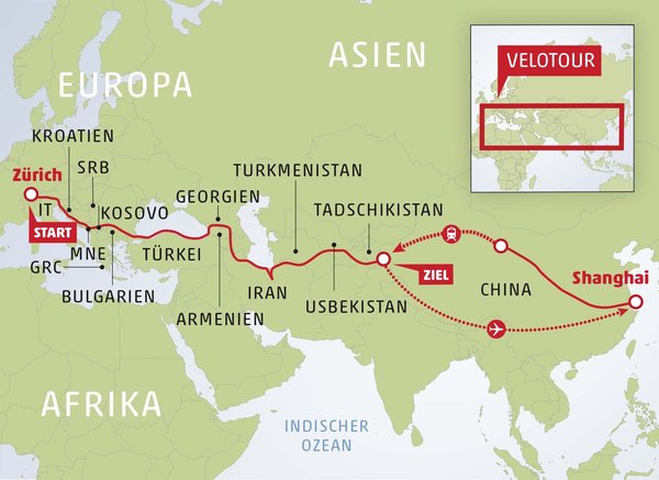 Landkarte die die Reiseroute von Europa nach China zeigt