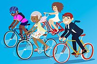 Illustration von Bike to Work mit verschieden Menschen auf dem Velo vor blauem Hintergrund 