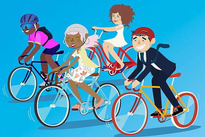 Illustration von Bike to Work mit verschieden Menschen auf dem Velo vor blauem Hintergrund 