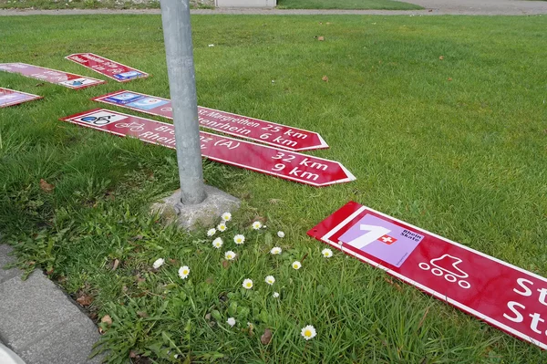 Wegweiser liegen auf einer Blumenwiese.