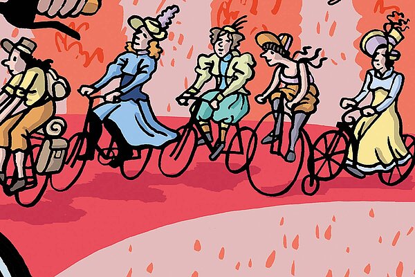 Frauen in historischen Kostumen auf Fahrrädern.