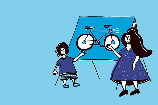 Zeichung, die zwei Kinder und ein Velo zeigt