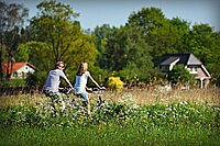 Mann und Frau auf Fahrrädern in der Natur