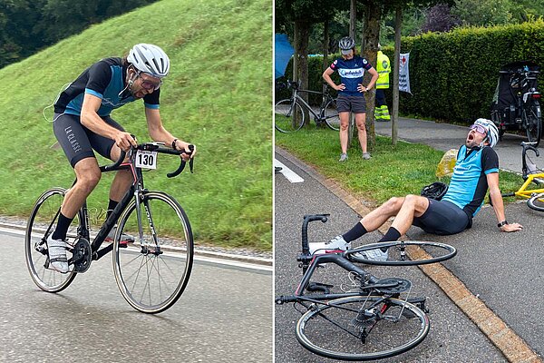 Vorher und nacher Bild eines Rennfahrers an einem Velorennen