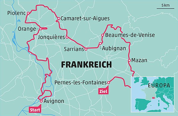Route einer Fahrradtour durch Frankreich.