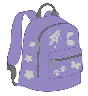 Rucksack mit Bügelbildern.